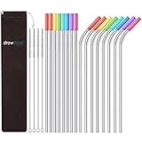 StrawExpert Reusable Stainless Steel Metal Straws for Drinks Long Drinking Straw Fit 30 oz 20 oz Tumbler with Silicone Tips,Case,Cleaning Brush Dishwasher Safe (10.5 inches,8 straight+8 bent)