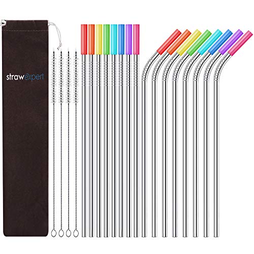 StrawExpert Reusable Stainless Steel Metal Straws for Drinks Long Drinking Straw Fit 30 oz 20 oz Tumbler with Silicone Tips,Case,Cleaning Brush Dishwasher Safe (10.5 inches,8 straight+8 bent)