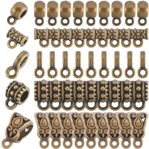 SOFPLATE 1 Box 300Pcs Small Bail Beads Large Hole Spacer Beads with Charms Alloy Cylindrical Textured Tibetan Antique Bronze Bail Bead Connectors for Jewellery Making Pendant Necklace Supplies DIY