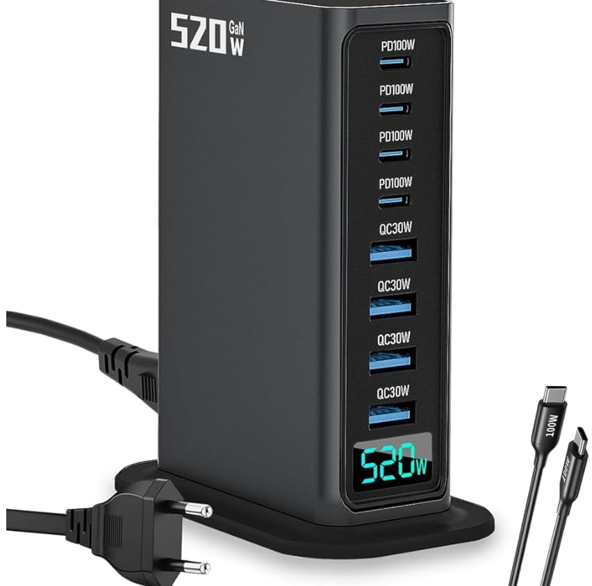 520W Caricatore Multiplo, GaN III 8 Porte Caricabatterie Rapido Station di Ricarica con 4 USB-C e 4 USB-A Caricabatterie