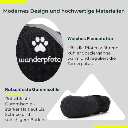 Wanderpfote Hundeschuhe 4er Set wasserdicht – Pfotenschutz Outdoor mit Rutschfester Sohle, weichem Fleece & Reflexstreifen – Ideal für Winter, Schnee, Spaziergänge & sicheres Laufen (Schwarz, 1)