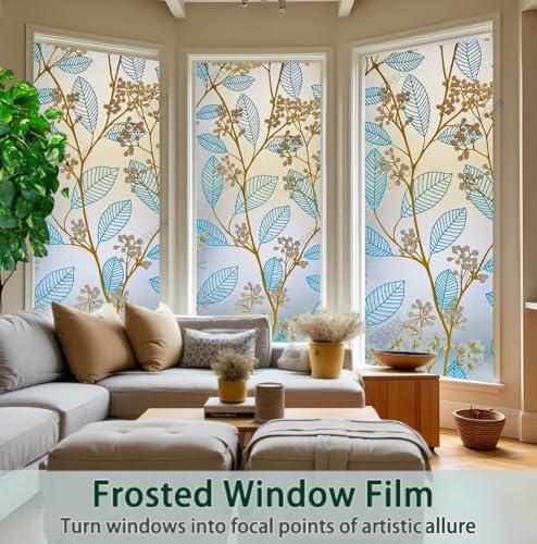Image of CREON Window Privacy Decorative Film (24 x 100 Inch) with Leaves UV Blocking Frosted Glass Sticker for Bathroom Non-Adhesive Film