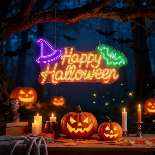 Image of Custom Happy Halloween LED Lights, Personalized Halloween Bat Neon Signs for Wall, Window, Room, Home, Party, Battery Operated or USB. RGB for Indoor, Business