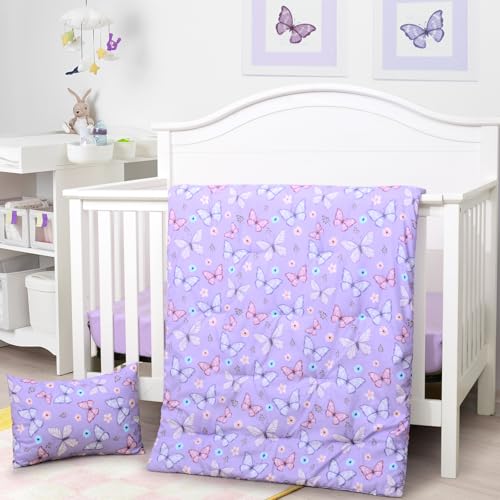 Image of JISEN 3 Piece Crib Bedding Set Soft Baby Crib Bedding Set Butterfly Crib Comforter Set - Comforter Sheet Pillowcase Nursery Bedding Sets for Baby Girls or Boys Purple
