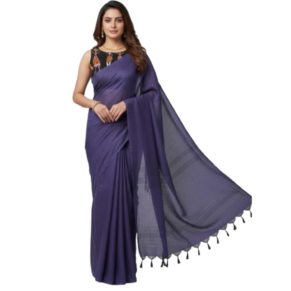 Premium Khadi Cotton Saree – Elegant Deep Violet with Tassel Border | Handwoven Soft Fabric | Lightweight & Breathable Traditional Saree for Daily, Office.-picture-11