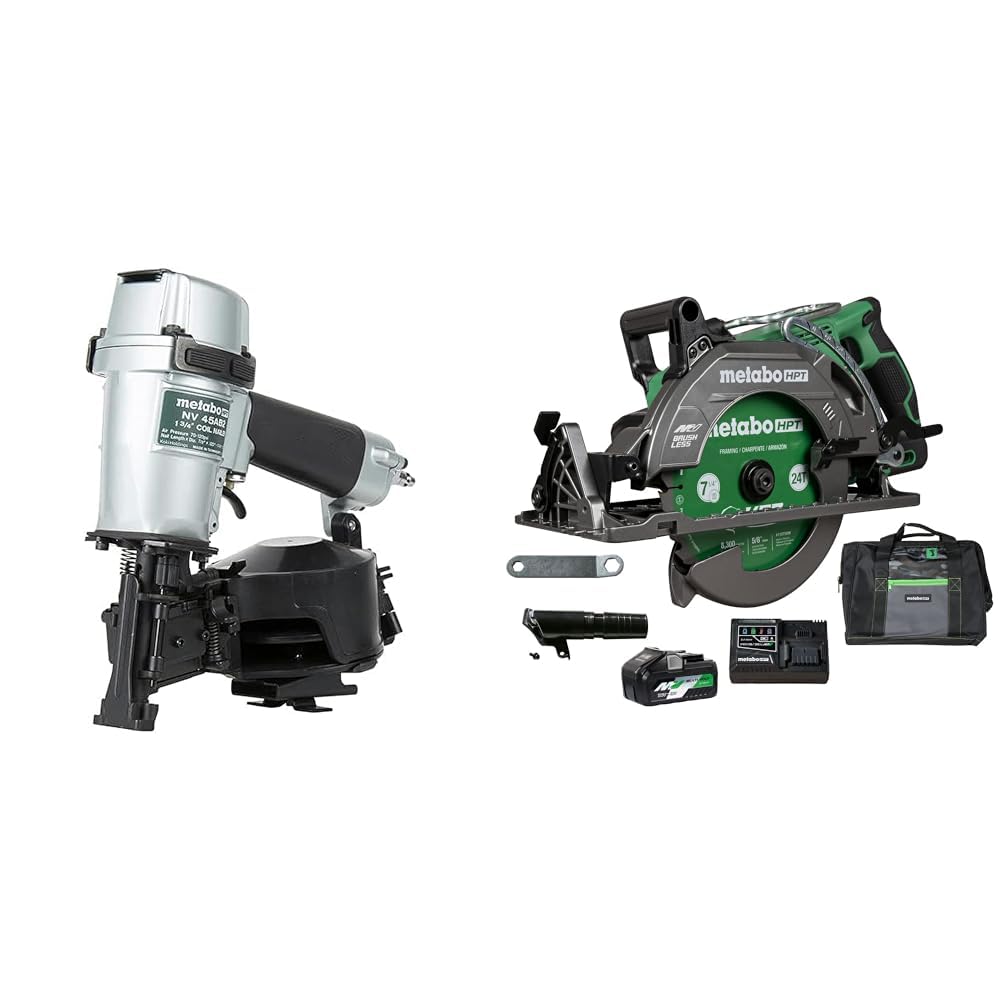 Bundle of Metabo HPT Roofing Nailer, Pro-preferred Pneumatic Power Nailers in Roofing tools, NV45AB2 + Metabo HPT 36V MultiVolt™ Cordless Rear Handle Circular Saw Kit | C3607DWA