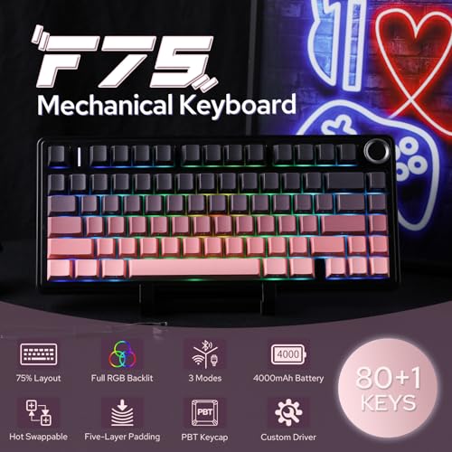 Image of EPOMAKER X Aula F75 75% Wireless Gaming Keyboard, Tri-Mode Bluetooth /2.4GHz /USB-C Mechanical Keyboard, Creamy Keyboard with 5-Layer Padding&Knob, NKRO, RGB (Black Pink Gradient)