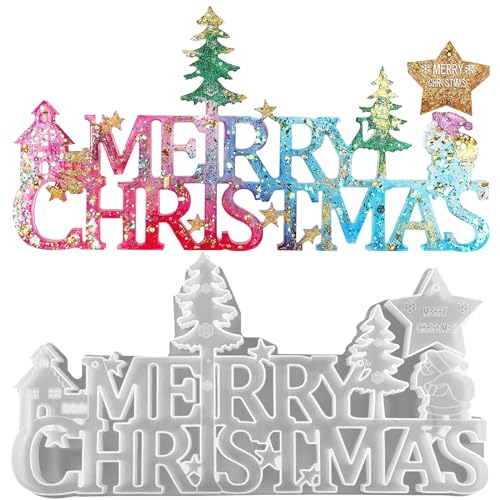 Christmas Molds for Resin 3D Merry Christmas Sign Resin Mold Epoxy Casting Molds for DIY Table Decoration Home Ornament Xmas Decor Making Xmas Tree Ornament DIY Craft