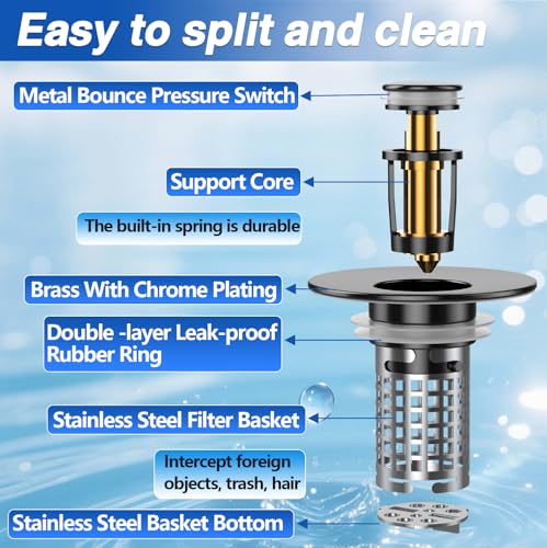 Image of Bathroom Sink Drain Strainer(2PCS), Pop-up Sink Drain Strainer with Removable Stainless Steel Strainer Basket Hair Catcher, Bathroom Sink Strainer for Bathroom Sink Stopper Replacement