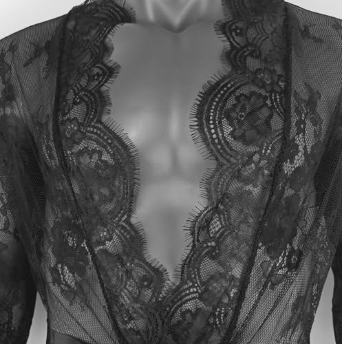 Mens Lace Robe Mesh Sheer Bathrobe Solid Color Long Sleeve Maxi Beach Cover Ups Nightgown 6