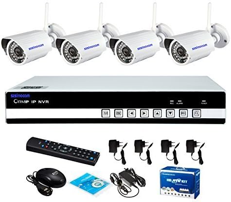 Sinocam 4Channel H.264 NVR Kit (4pcs Wireless 1.0MP 3.6 mm Day Night Vision Weatherproof IP Camera), 1MP HD P2P Bewegungserkennung