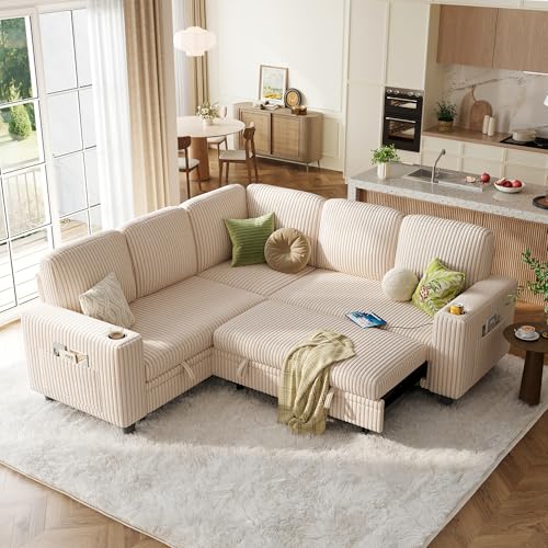 Image of LINSY HOME Sectional Sleeper Sofa with Pull Out Couch Bed - Convertible Plush Corduroy Cloud Couch with Storage Chaise & USB Charging, Comfy L Shaped Modular Couches for Living Room Apartment, Beige