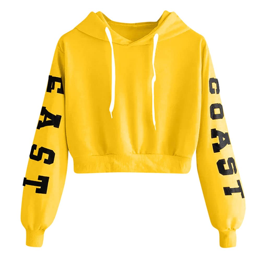 HAIBI Womens Long Sleeve Tops Cropped Hoodies Girls Long Sleeve Sweatshirt Top Letter Print Blouse Shirts Ladies Sweatshirts,Yello