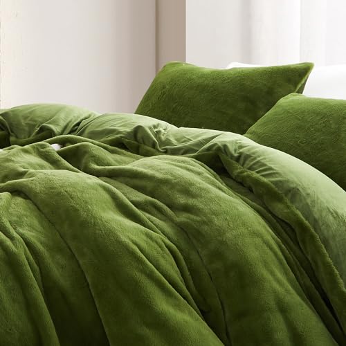 Lanqinglv Plush Bed Linen 135 x 200 cm Green White Faux Fur Fluffy Winter Bed Linen Warm Cosy Flannel Fleece Flannelette Plain Duvet Cover with Zip and 1 Pillowcase 80 x 80 cm - Image 4