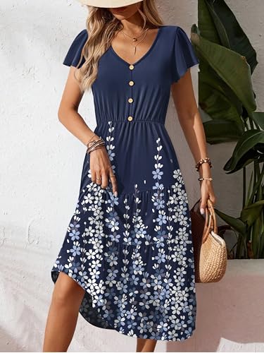 Image of Zeagoo Women's Summer Casual Dress Flutter Short Sleeve V Neck Button Down Tiered Flowy Long Dress with Pockets