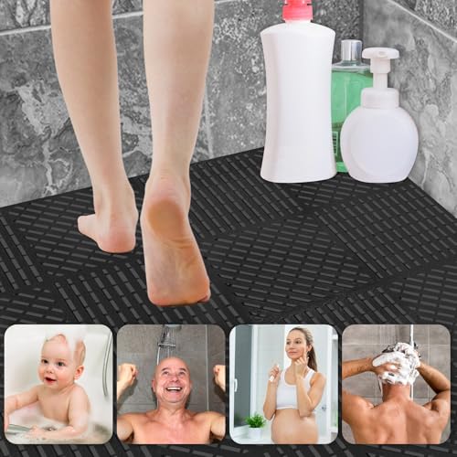 Image of ToLanbbt Modular Interlocking Cushion 12P 11.8 inch x 11.8 inch Interlocking Rubber Floor Drain Holes Non-Slip Splicing Drainage Mats for Deck, Shower, Kitchen, Drain Pool, Sauna Bath (Black, Diagonal)