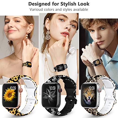 OHOTLOVE Compatible with Apple Watch 38mm 40mm 42mm 44mm for Women Men, Soft Silicone Pattern Printed Replacement Wristband Band for Iwatch Series 6 & Series 5 4 3 2 1.Sunflower A - Thumbnail 2