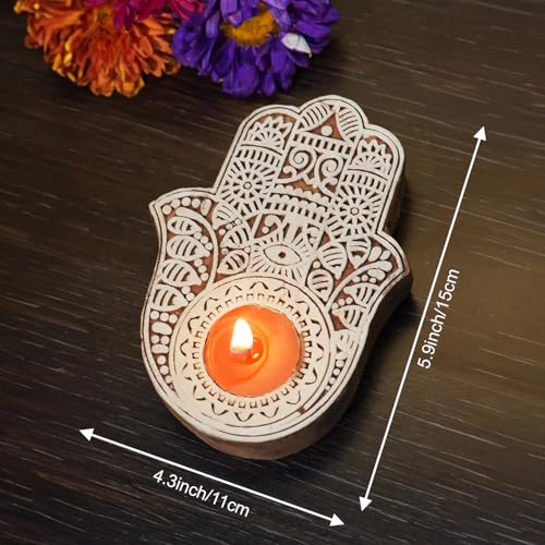 Image of Ascension 2 Wooden Hand Shaped Tea Light Candle Holder Stand Handmade Wooden Block Print Tlight for Diwali Decoration Mandala Stamp Printing Candle Tlight Set Stand for Indoor Decor (Hand Shaped)
