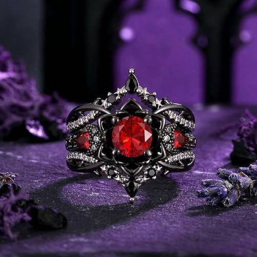 Image of Jeulia 2PCS Wedding Ring Set Black Tone Red Gemstone Three Stone Ring Moon Star Motifs Gothic Stackable Bridal Ring Set Vintage Floral Engagement Promise Jewelry Gift for Women