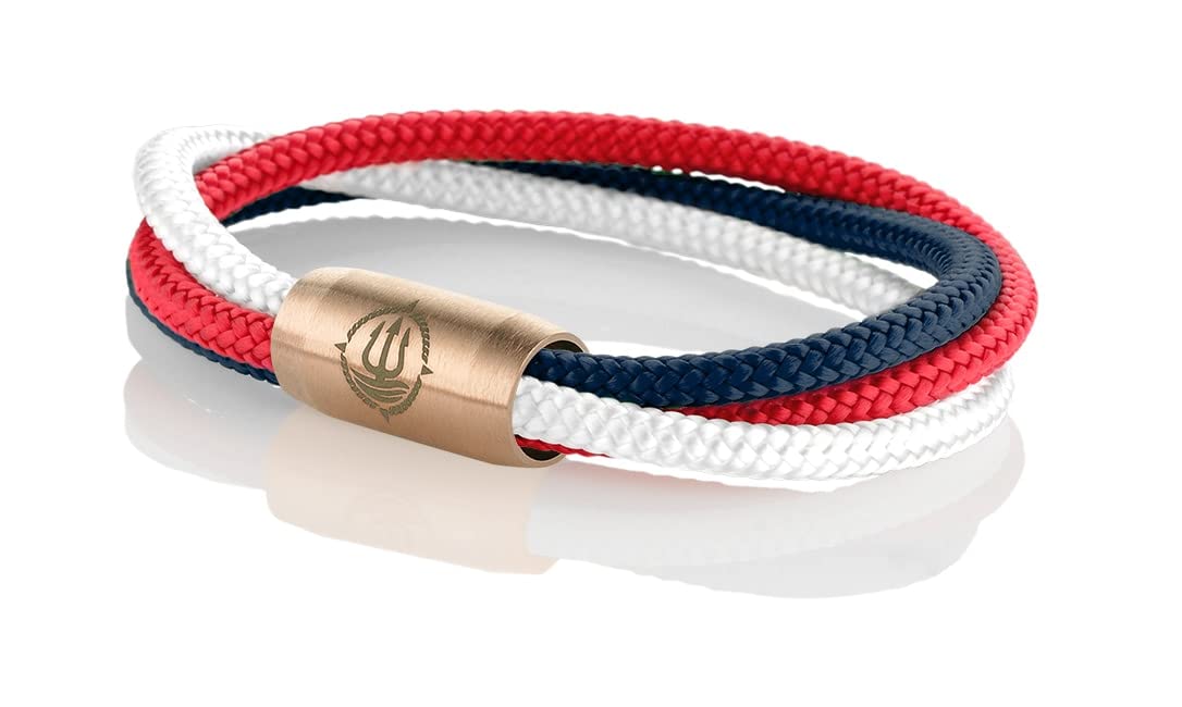 Maritimes Seemannsgarn Segeltau Armband Trinidad rot, weiß, navy blau, dreireihig, 8mm, Kapitän (rosé), M - Gelenkumfang von 15 cm bis 16,5 cm