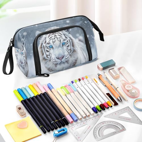Image of White Tiger Pencil Bag Pencil Case for Teen Boy Girl, Big Capacity Pen Bag Zipper Pencil Pouch with Handheld Aesthetic Pencil Pouch with Print School Office Pencils Stationery