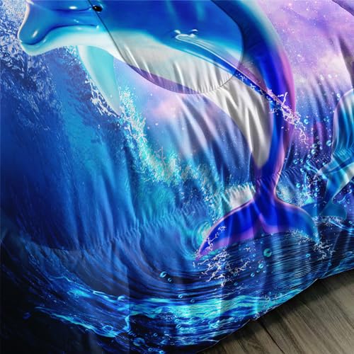 Image of AILONEN Dolphin Comforter Set Full Size, Starry Sky Sea Water Bedding Set for Kids Girls,Jumping Dolphin with Moon Bed in a Bag Duvet Set,3 Pieces,1 Quilt and 2 Pillowcases,Soft Microfiber