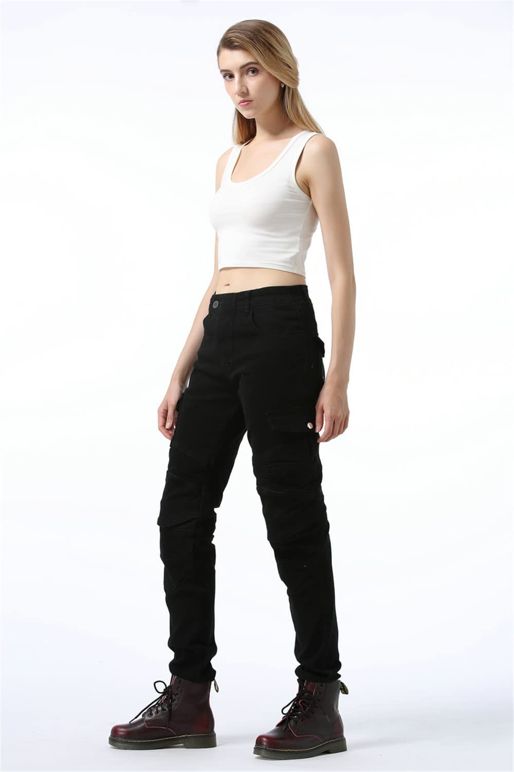 LINGKY Pantaloni da Moto da Donna Equitazione Pantaloni Motorcycle Biker Jeans Protezione Rinforzato Ginocchio Anca Pads