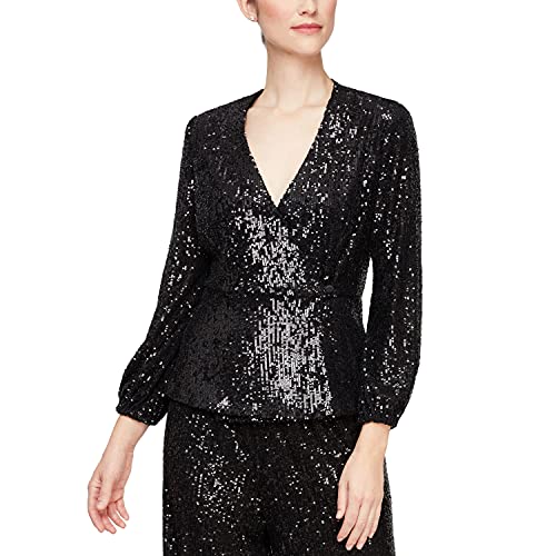Alex Evenings Womens Sequin Blouse Dress Shirt, Black Sequin V-Neck, Large Us #TOP5