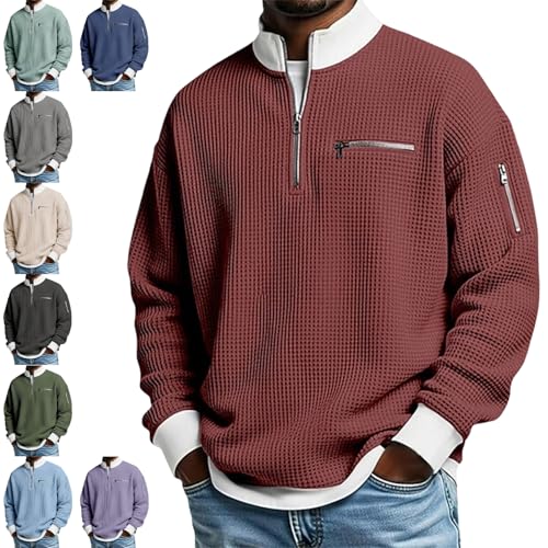 2026 Men's Casual Fashion Up Collar Contrasting Zipper Sweatshirt, Loose Fit Waffle Pullover, Lightweight Long Sleeve (US, Alpha, X-Large, Regular, Regular, Burgundy)