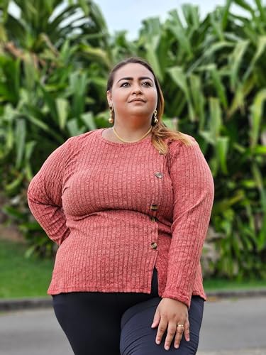 Image of RITERA Plus Size Sweater, Ribbed Long Sleeve Solid Top for Women | Soft vertical ribbed knit, modest V neck, loose long sleeves, curved swing hem, slimming casual layering top for curvy women