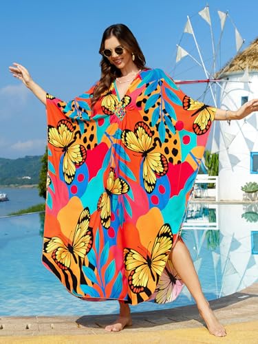 Image of IMAGEKOPE Women's Plus Size Animal Print V-Neck Batwing Kaftan Beach Dress Bathing Suit Cover-Up Loungewear