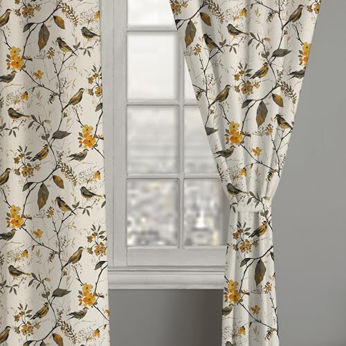 Image of LINENWALAS Decorative Printed Cotton Semi Sheer Curtains 6 Feet Long Set of 2 Panel, Eyelet Ring Hanging, Bird Printed Window Curtains for Living Room, Home Decor (L-6 x W-4.5 Feet, Birdie Bliss)