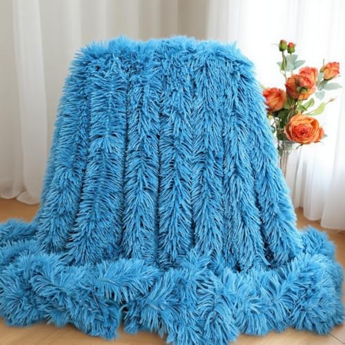 Plush Super Soft Blanket Bedding Sofa Cover Furry Fuzzy Fur Warm Throw Qulit Cozy Couch Blanket for Winter (63"x79", Sky Blue)