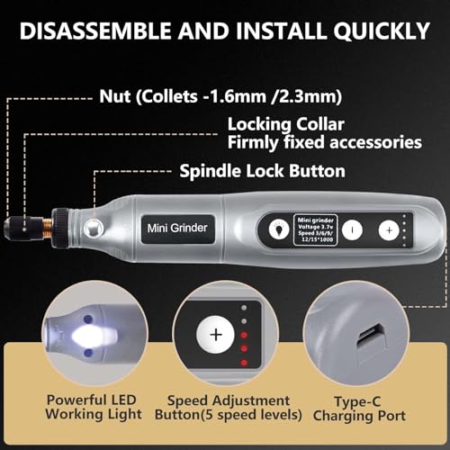 Cordless Mini Rotary Tool Kit - 5 Speed Adjustment USB Rechargeable Mini Grinder with Light 50 Accessories Multi-Purpose Power Rotary Tool for Sanding Polishing Drilling Etching Engraving DIY Crafts - Image 3