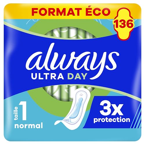 Always Ultra Serviettes Hygiéniques, Taille 1, Normal, 136 Serviettes Sans Ailettes, Flux légers...