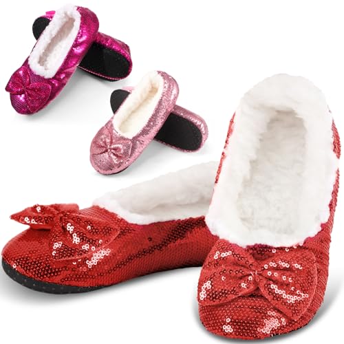 3 Pairs Women Ballerina Sequin Slippers, Glitter Christmas Winter Ruby Red Slippers Holiday Gift for Women