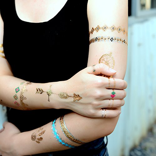 Temporary Tattoos, Metallic Gold Body Glitter Henna Tattoo Temporary Tattoo for Women Adult Kids Festival Accessories Costume