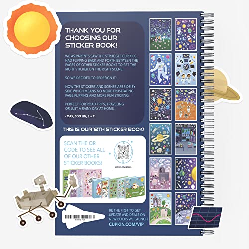 Outer Space Stickers + Coloring Book by Cupkin: Innovative Side by Side Sticker Books - Spiral Binding Lays The Planet Stickers Flat - 500+ Astronaut Stickers and 12 Interstellar Scenes - 4