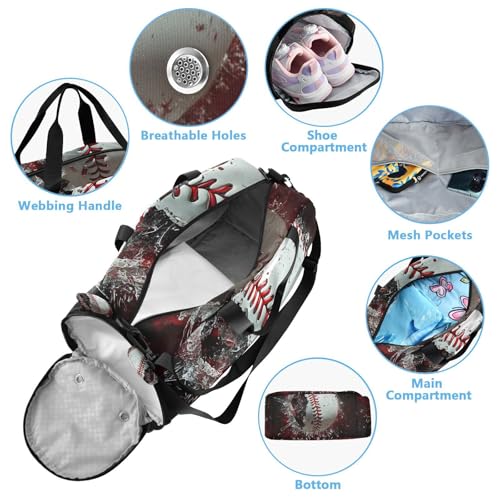 Gym Travel Duffle Bag for Boys Girls Baseball Red White Black Sports Dance Bag with Shoe Compartment & Wet Pocket Football Kids Travel Bag Teens Sleepover Carry4