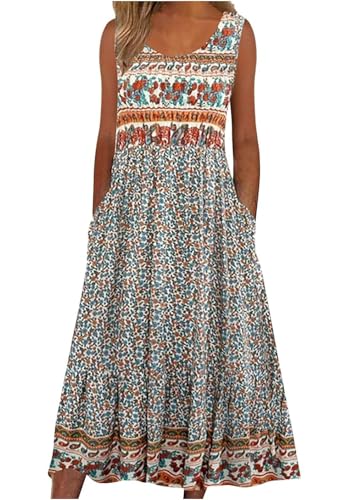ABYOVRT Sommerkleid Damen Lang Ärmelloses Blumen Midikleid Damen Sommer Strandkleid Lässige Rundhals Kleider Leicht und Luftig mit Taschen,S