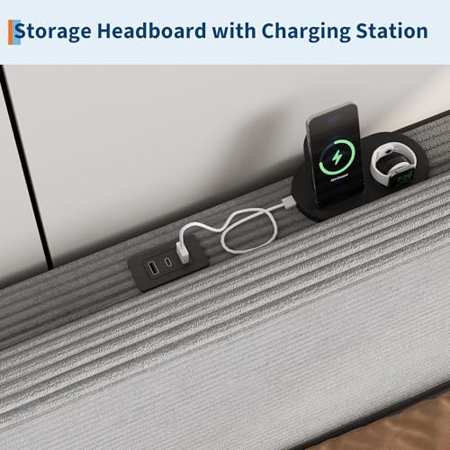 Image of GarveeLife Corduroy Upholstered Platform Bed Frame with USB Charging Station, Adjustable Storage Headboard, Wooden Slat Support, No Box Spring Needed, Easy Assembly,Twin Dark Gray