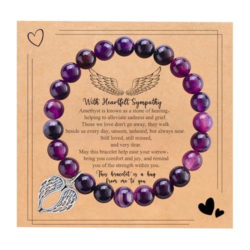 Sympathy Gifts for Loss of Loved one Memorial Healing Remembrance Condolence Grief Present for Women Pink Beads Bracelet With Angel Wings