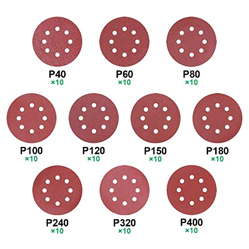 Klett Schleifpapier Set, 100 Stück Schleifscheiben Set 125mm Rund für Exzenterschleifer 40/60/80/100/120/150/180/240/320/400 Körnung, 8 Löcher, für Holz Metall Polymere Stahl und Legierungen Cover