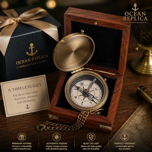 Brújula portátil de latón con estuche de madera grabado miniatura 4
