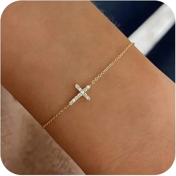 Gold Bracelets for Women,Dainty Gold Cross Bracelet 14K Gold Plated Beaded Bracelets for Women Trendy Bracelet Stack Pearl Bracelet Set Waterproof Chain Bracelet Gold Jewelry for Women Baptism Gifts