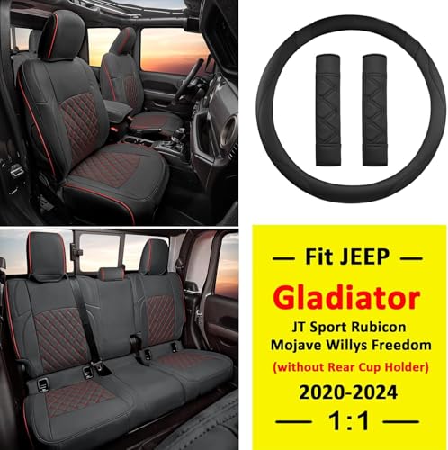 Image of GIANT PANDA Gladiator Seat Covers Custom Fit for Jeep Gladiator 2020-2026 Without Rear Cup Holder JT Sport Rubicon Mojave Willys Freedom,Black+Red Line