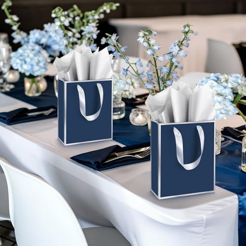 Image of Yeaqee 24 Pack Metallic Paper Gift Bags, Navy Blue, Silver | with Satin Ribbon Handle and Tissue, 9x7x3.1 Inch, Suit Business, Birthday, Christmas, Thank You Return Gifts Bags