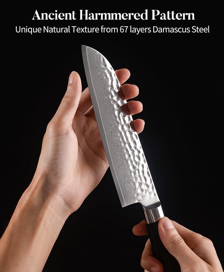Miniatura 5 de AMSZL Cuchillo de chef japonés Santoku, cuchillo japonés VG10 de acero de Damasco de 7 pulgadas, cuchillo de cocina profesional afilado, forjado