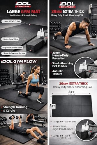 Image of iDOL Gymflow 30mm Thick EVA Rubber Gym Mat 8x5 Ft | Rigid Non-Slip Floor Mat for Gym Machines & Dumbbell Area | Heavy-Duty Shock Absorbing Home Gym Flooring (Black)