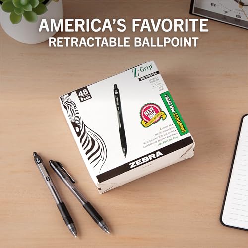 Image of Zebra Pen Z-Grip Retractable Ballpoint Pen, Medium Point, 1.0mm, Black Ink, Model Number: 22148 - (Pack of 6, 288 Count Total) | Smooth Writing, Medium Point Tip, Ideal for Planners, Note-Taking, School and Office Supplies, and Everyday Writing